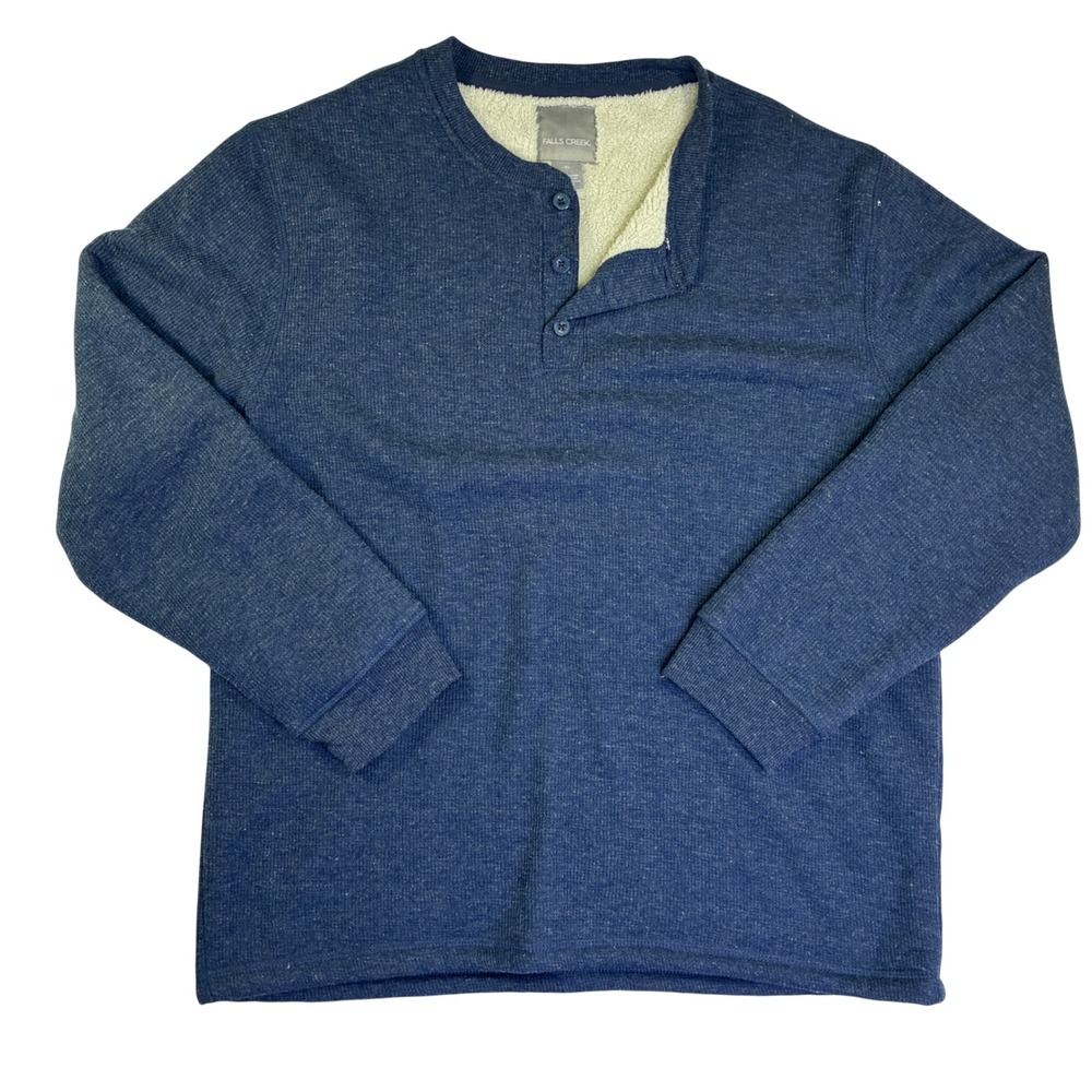 Falls Creek Mens XL Blue Thermal Henley Sherpa Lined Waffle Knit Pullover Shirt